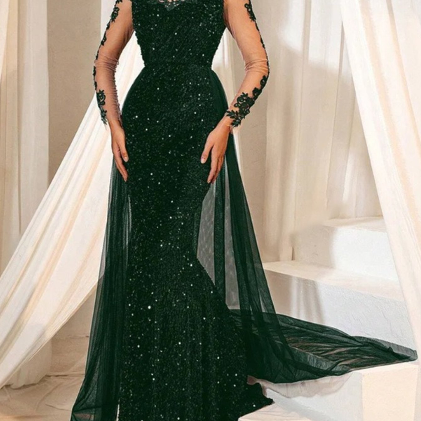Plus Size, Women' Plus-Size Elegant Evening Gown - Long Train Wedding Dress with Lace Sleeves & Full Train, Round Neck Formal Dress for Prom, Galas, Balls - Luxury Formal Wear (Hand Wash/Dry) - - Wedding & Special Occasion Dr