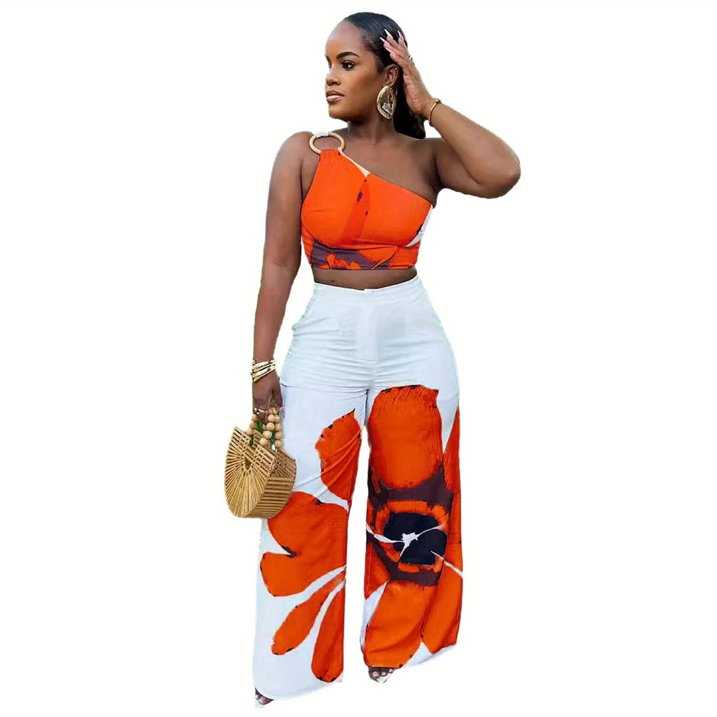 D9738 Women'S Y2K Fashion Floral Print One-Shoulder Slim Fit Wide-Leg Pants Two-Piece Set - Sexy Spring/Fall Outfit, Spring Fashion|Sleek Shoulder Design|Polyester Fabric
