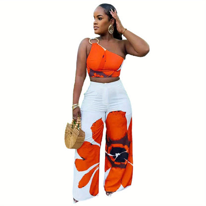 D9738 Women'S Y2K Fashion Floral Print One-Shoulder Slim Fit Wide-Leg Pants Two-Piece Set - Sexy Spring/Fall Outfit, Spring Fashion|Sleek Shoulder Design|Polyester Fabric