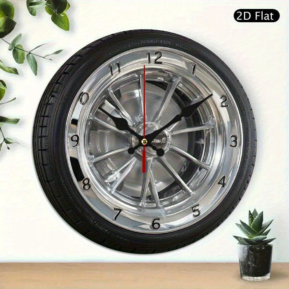 2D Flat 1pc Silent Wall Clock with Car Wheel Design Wooden Wall Clock, 10Inch Modern Home Decor for Living Room, Bedroom, Office - Father's Day, Birthday, Holiday Gift, Battery Not Included, Clock Wall Decor, Bedroom Accessor