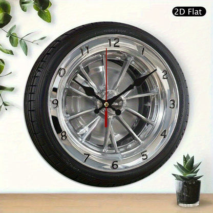 2D Flat 1pc Silent Wall Clock with Car Wheel Design Wooden Wall Clock, 10Inch Modern Home Decor for Living Room, Bedroom, Office - Father's Day, Birthday, Holiday Gift, Battery Not Included, Clock Wall Decor, Bedroom Accessor