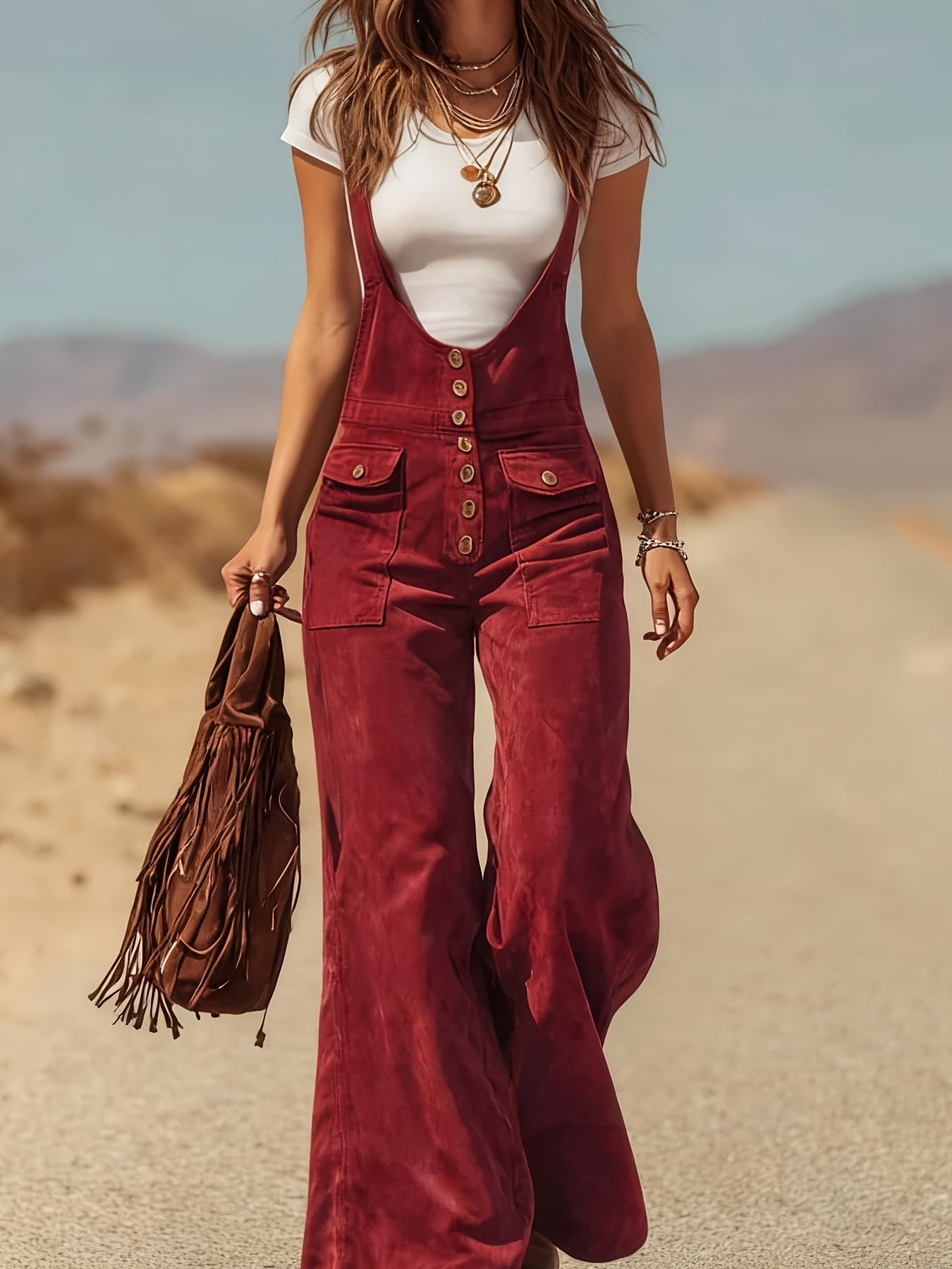 Wide-Leg Overalls for Women with Bohemian Fringe Trim