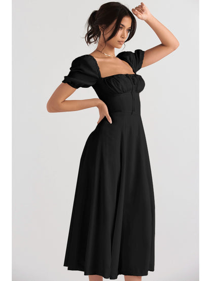 Elegant Puff Sleeve Tie-Waist Dress | High Waist Design, Off the Shoulder, Solid Color, Flared Hem, Midi Length for Spring/Summer Fashion