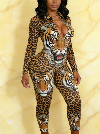 Ladies' Four-season Long-sleeved Sexy Jumpsuit, Front Zipper Design, Light Style, Fashionable Full-print, Perfect for Daily Outings and Casual Wear, Fashionable and Sexy Outfit -G077