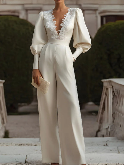 Women' Champagne Lace & Satin Jumpsuit - Retro Deep Bubble Sleeve Wedding Suit, Luxurious Formal Evening Gown for Weddings, Banquets, Autumn/Winter Events (Hand Washable, No alterations) | Champagne color, -Piece