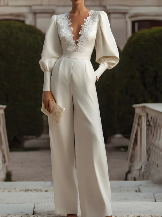 Women' Champagne Lace & Satin Jumpsuit - Retro Deep Bubble Sleeve Wedding Suit, Luxurious Formal Evening Gown for Weddings, Banquets, Autumn/Winter Events (Hand Washable, No alterations) | Champagne color, -Piece