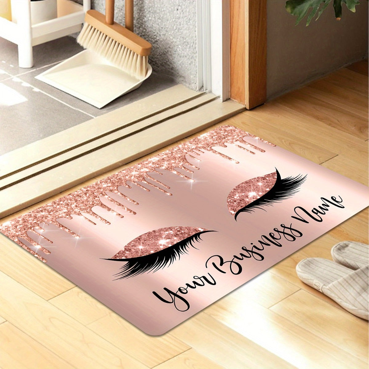1pc Rose Golden Glitter Eyelash Design Door Mat - 10mm Thick Soft Polyester Non-Slip Rectangular Mat with Pink & Golden Glitter Eyes & Lashes, Luxury Bathroom Bedroom Entryway Decor