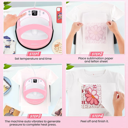 Upgraded 12"x10" / 7"x5" Portable T-Shirt Heat Press Machine, Mini Sublimation Printer with Transfer Paper for HTV Vinyl DIY Christmas Gift - Print on Shirts, Hats, Bags, Pillows, Aprons, Mousepads, Masks, Sneakers & Phone Ca