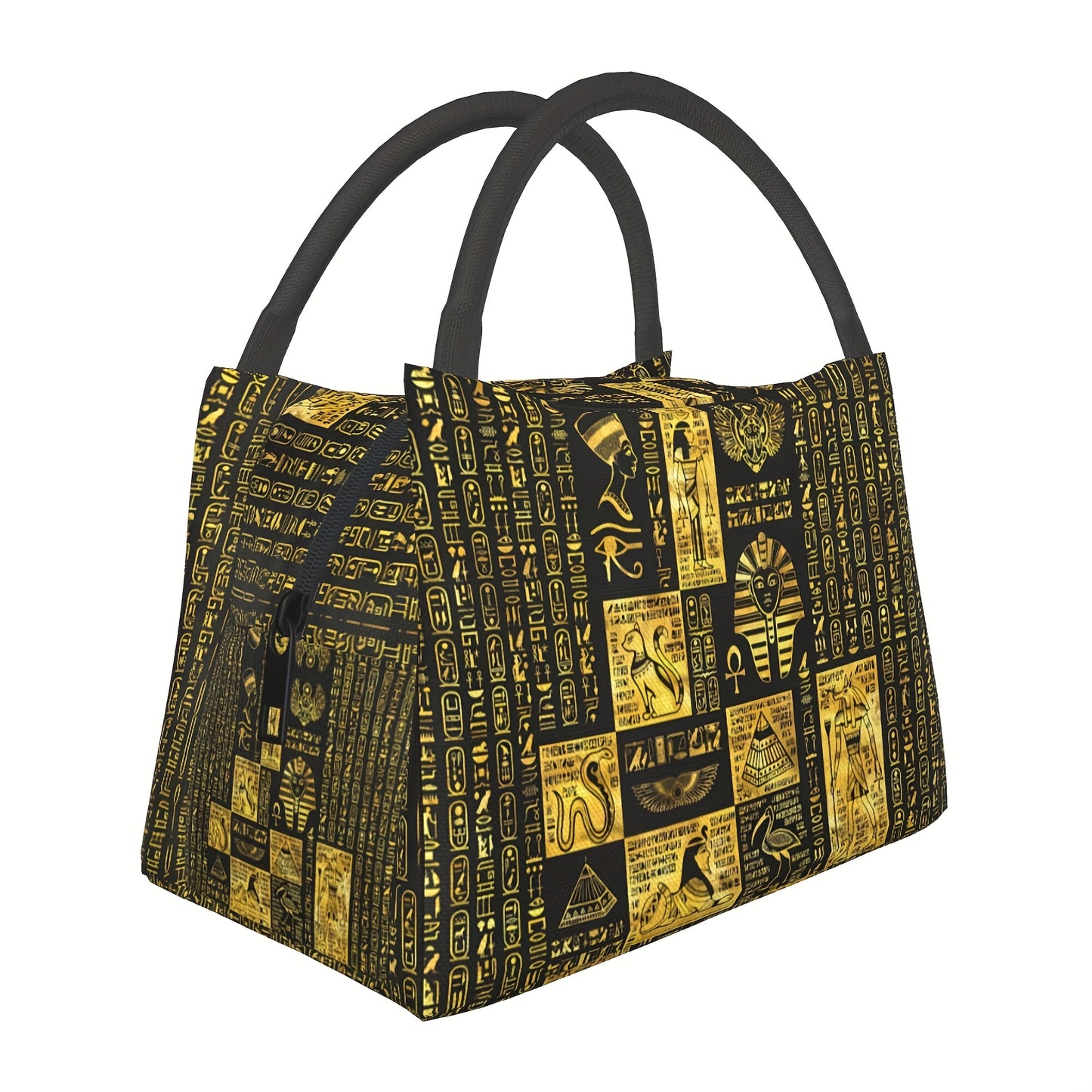 1pc Egyptian-Themed Insulated Lunch Bag – Portable & Reusable Cooler Tote with Hieroglyphic Patterns, Black Handles, Perfect for Home, Office, Outdoor Use, and Gifts for Friends, Teens, and Family, Lunch Bag Insulated