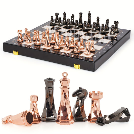 Metal Chess Set for Adults, 15" Wooden Chess Board with Modern Metal Chess Pieces Travel Chess Sets with Metal Chessmen, Collectible Elegant Chess Game, Family Vintage Board Game, Marbled Chess Board