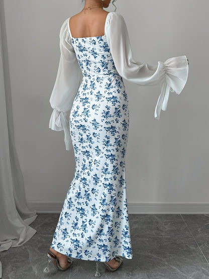 Women's French Vintage V-Neck Chiffon Mermaid Maxi Dress - Lace Trim -Line Long Sleeve Wedding Guest Gown, Bodycon Dress for Spring Summer Fall, Hand Washable Floral print French Style Dress
