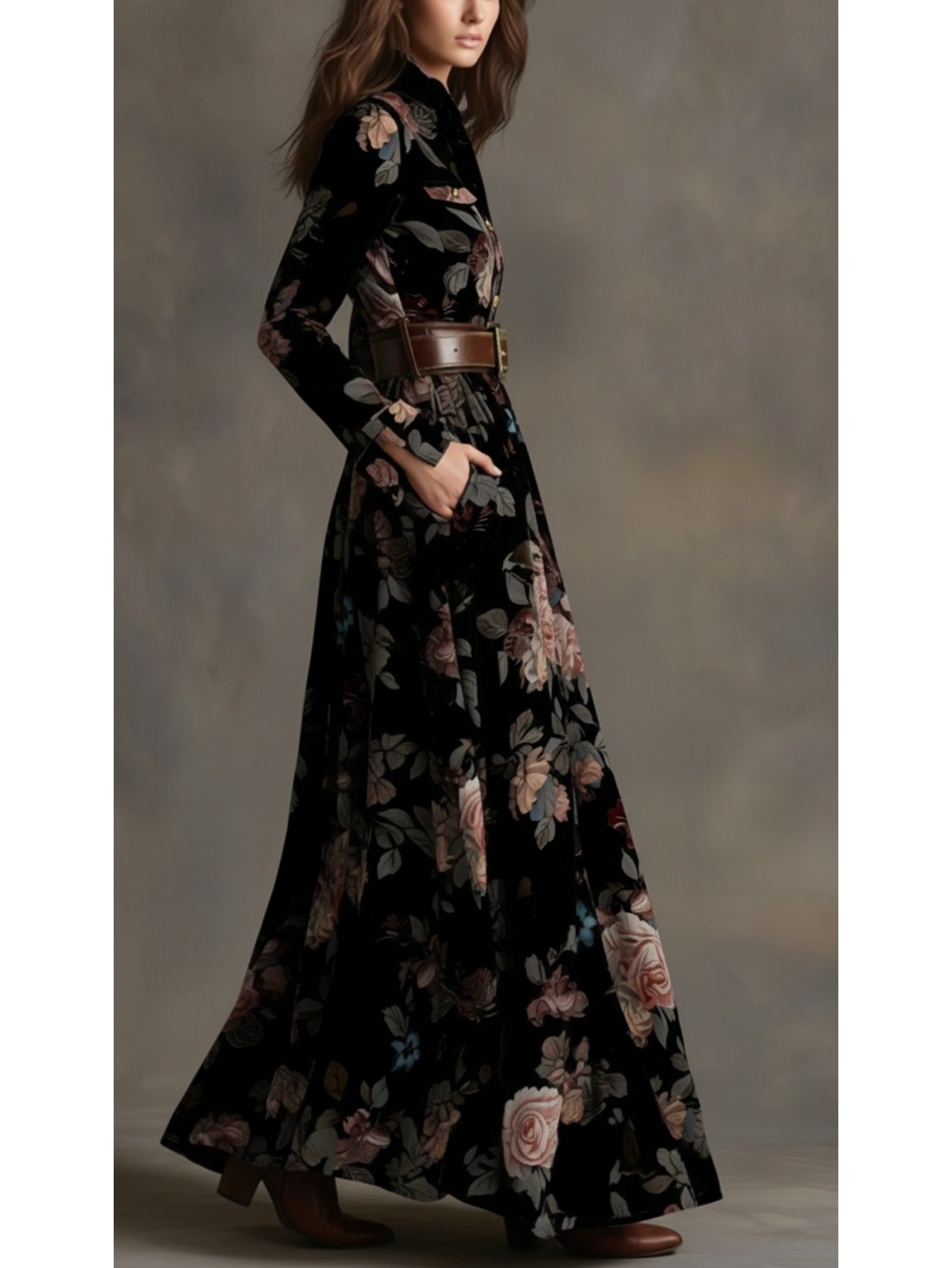 Women'S Black-Based Pink & Brown Rose Print Waist-Cinched Maxi Dress | Retro Elegant Style, Suitable for Luxury Social Events, Formal Occasions, and Daily Streetwear