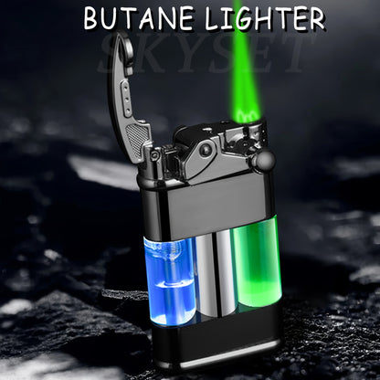 Butane Lighter with a Green Flame, a Versatile Featuring a Visible Window, Adjustable Flame Size, Wind-Resistant Design, Rocker Arm Ignition, And a Metal Casing. It'S a Stylish, Refillable Lighter That Does Not Include Butane