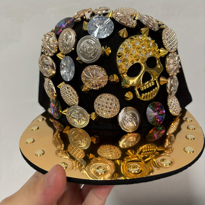 Handcrafted Rivet Studded Fashion Baseball Cap - Lightweight Polyester, Casual Street Style with Colorful Gemstones and Skull Motif for Dance and Performance
