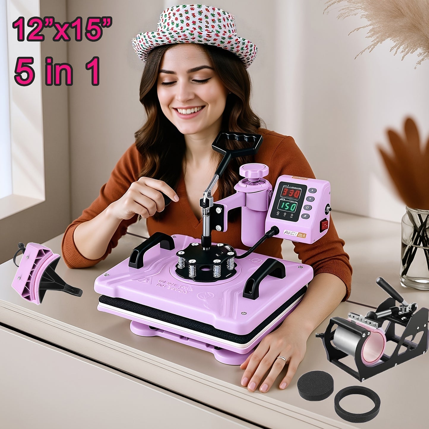 Heat Press Machine - Multifunction 5in 1 with Tumbler Press - 15" X 15" / 12" X 15" Heat Transfer Machine - 360° Swing Away T-Shirt Pressing Machine - Fast And Even Heating - Digital Precise Control - for DIY T-Shirts/Mugs/H