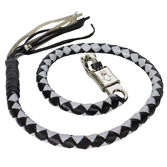 42" Genuine Leather Motorcycle Get Back Whip for Handlebar Fringed Biker Whip, Black & Sliver