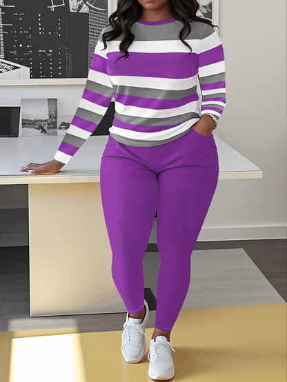 Unique Women's Striped Casual Set- Green And White, Long Sleeve Round Neck Top And Pants with Pockets, Weight Polyester Blend, Machine Washable, Comfortable Clothing| Pants| Polyester Blend