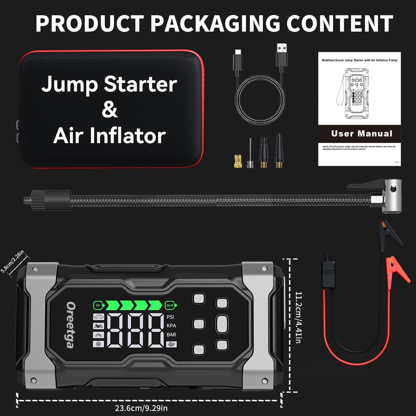 9000A Car Battery Jump Starter - Portable Power Pack with Extended Smart Jumper Cables, Quick Charge, Large Display, LED Lights, And Safety Protections for (All Gas/3.17gal Diesel) Engines, Start The Car Quickly, Jump Starter