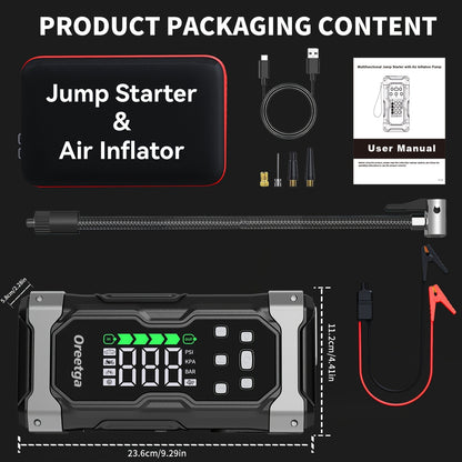 9000A Car Battery Jump Starter - Portable Power Pack with Extended Smart Jumper Cables, Quick Charge, Large Display, LED Lights, And Safety Protections for (All Gas/3.17gal Diesel) Engines, Start The Car Quickly, Jump Starter