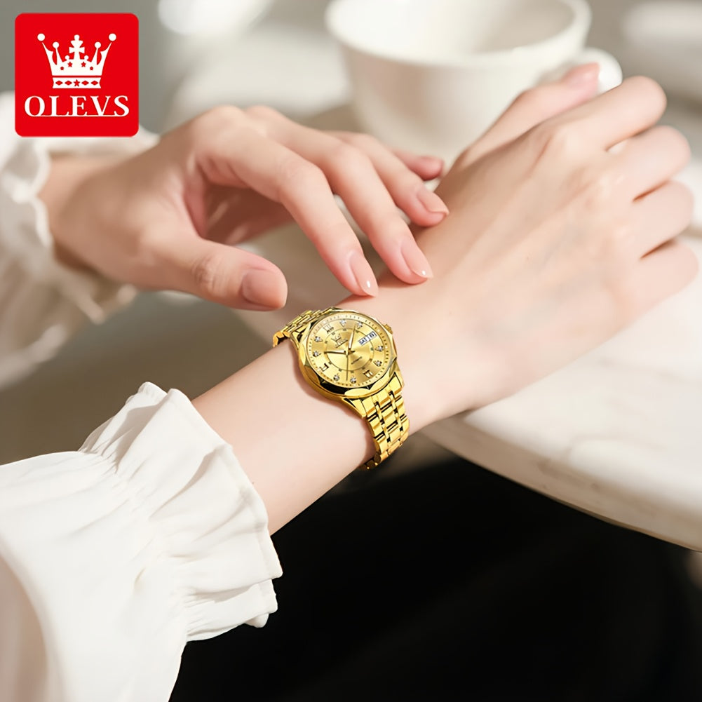 OLEVS Women'S Stainless Steel Automatic Mechanical Watch with Luminous Hands & Chronograph - Golden-Tone Elegant Round Watch, High Quality (Not), Luxury Analog Wristwatch for Women, No Battery/Easy Maintenance, Durable Everyd