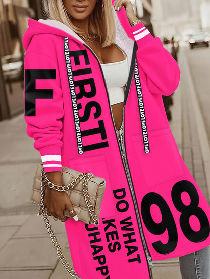 Women's Winter Hooded Jacket with 'LOVE' Lettering & -1 Zippered Coat, Striped Cuff & Pocket Design, Casual Warm Outerwear for Fall/Winter, (Machine Washable) - Everyday Outer Layer, Sweater-like Blazer Style