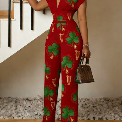 St. Patrick's Day Printed Women's Elegant Jumpsuit, Plant Leaf Pattern V-neck Jumpsuit, Women's Gift, Summer Casual Wear, Fashionable Outdoor S Women's Short Sleeved Jumpsuit, Gradient Slim Fit Jumpsuit, Machine Washable, Sof