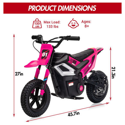 24V 350w Kids Motorcycle, 13. 67 Mph Max Speed Kids Electric Bike, Dirt Bike with Rear Wheel Suspension, Music, 12 Miles Range, Twist Grip Throttle, Metal Suspension, Rubber Tire, Leather Seats