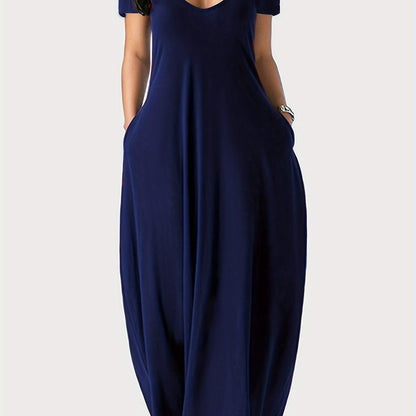 Solid Simple Dress, Casual Short Sleeve Maxi Dress With Pockets, Women's Clothing
