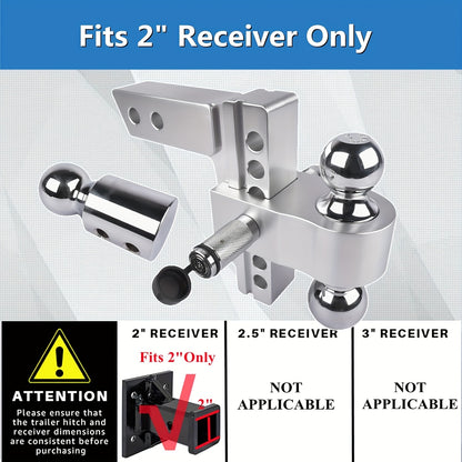 Adjustable Trailer Hitch Fits 2-Inch Receiver, 6/8Inch Drop Hitch Heavy Duty Aluminum Drop Hitch | Tri-Ball (1-7/8" X 2" X 2-5/16") With Dual Pin Key Locks And 15000 LBS GTW-Truck Trailer Hitch, Heavy Duty Solid Ball Mount, S
