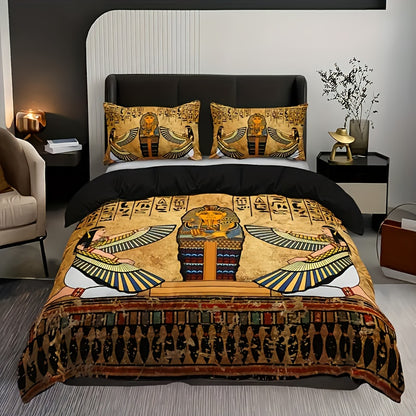 Timeless Design, Egyptian Pharaoh 3pcs Ancient Egyptian Art Quilt Cover Set (1 Quilt Cover + 2 Pillowcases, Pillow Core Not Included), Soft And Breathable HD Printed Bedding Set, Soft And Breathable Duvet Cover And Pillowcase