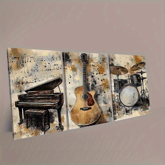 3pcs Vintage Musical Instruments Canvas Art Print Set (Piano/Guitar/Drums Theme), Framed Wall Decor for Living Room, Bedroom, Home Office, Classroom - Inspirational Music-Themed Indoor Art Gift, Music Room Decor