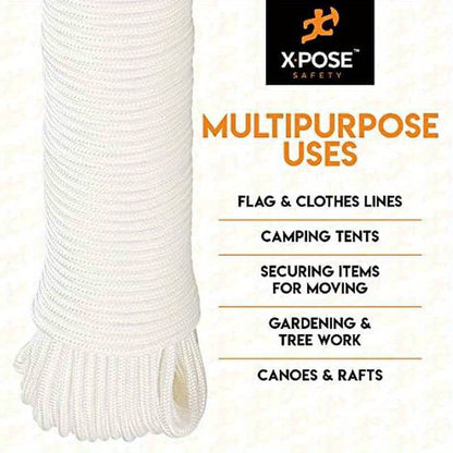 100ft White Reflective Nylon Camping Rope - Heavy-Duty 122lb Tensile Strength, UV-Resistant & Abrasion-Resistant All-Weather Tent Line, Guyline, Tarp Cord for Hiking, Survival, Outdoor Shelter Setup (Low-Light Visibility, Pac