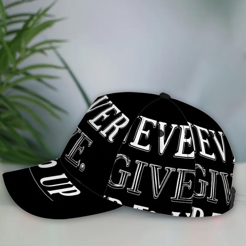 1pc 2D Never Give Up Words Print Baseball Cap - Full-Body Vibrant Polyester Hat, Adjustable Snapback for Running, Sports & Casual Streetwear., Running Hat, Outdoor Headwear, Trendy Streetwear, Lightweight Hat, Durable Fabric,