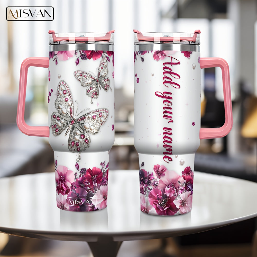1pc Customized Name Stainless Steel Tumbler | 20oz/22oz/40oz Insulated Water with Lid, Reusable, Round Shape, 304 Stainless Steel, Ideal for Easter, Thanksgiving, Father'S Day, Mother'S Day, Graduation, White Diamond Butterfl