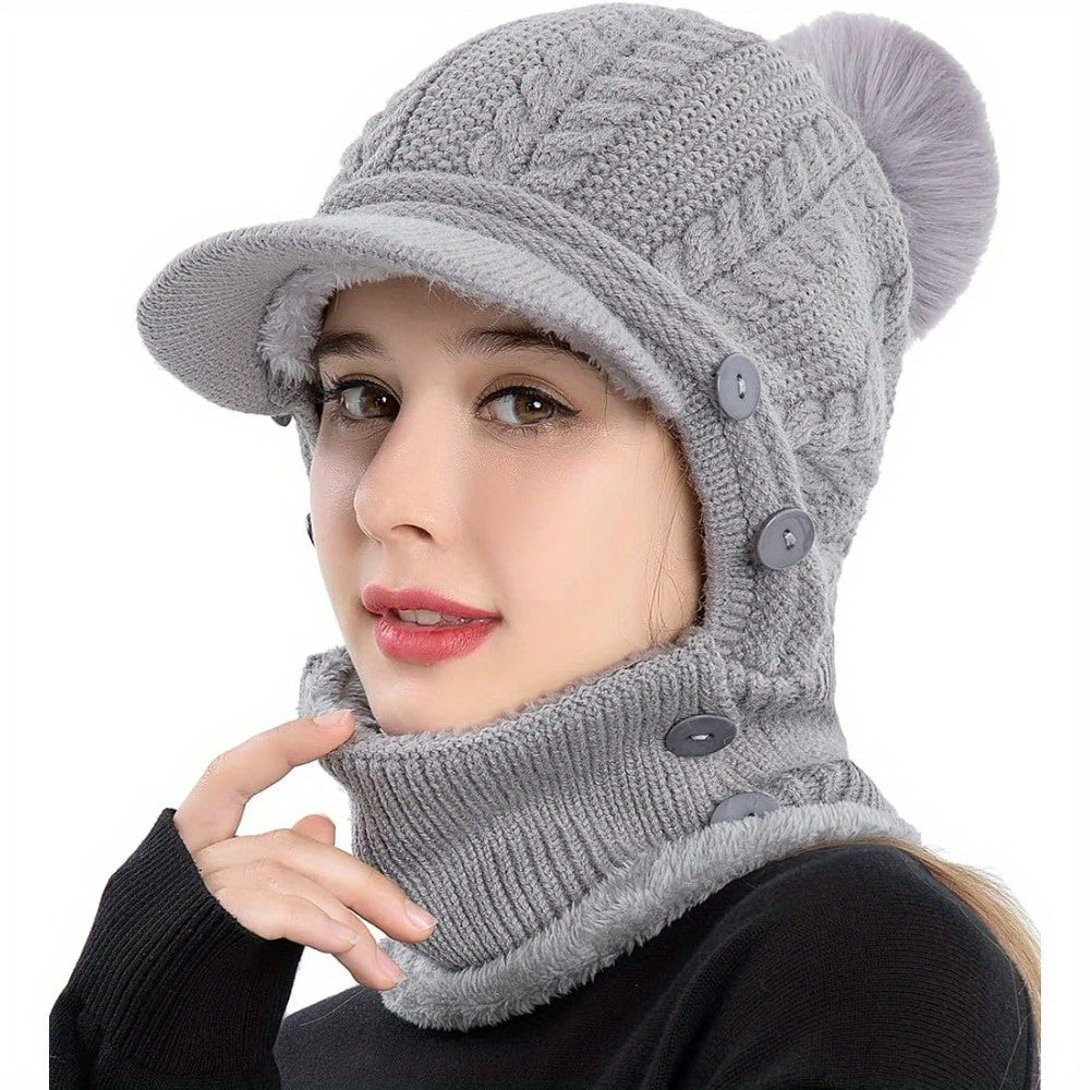 1x Winter Women's Pullover Ear Warmer Hat, Scarf Mask Combo Warm Thick Skull Ski Cap, Head And Neck Warmth, Ear And Face Warmer, Winter Scarf Mask Combo, Ear Warmer Hat, Cable Pattern, Slouchy Fit, Hand Wash Care, Thick Fleec