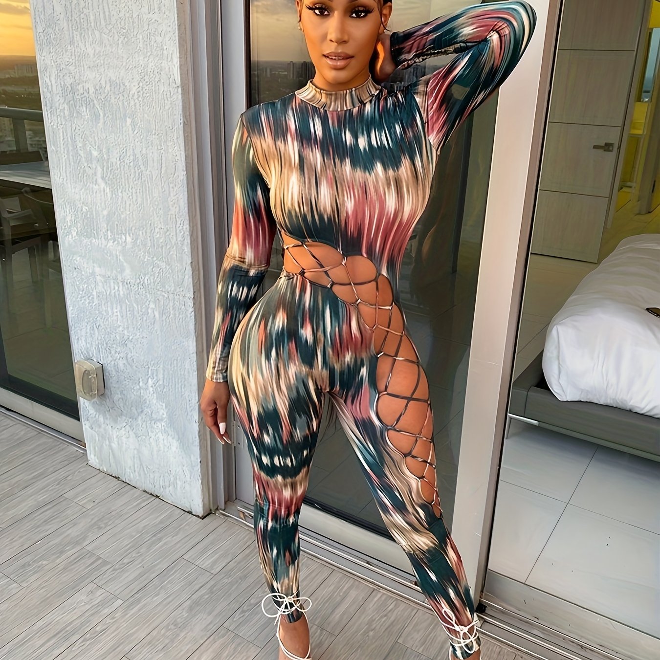 6636 Autumn And Winter Women's Long Sleeve Colorful Christmas Printed Straps Personality Slim Jumpsuit Jumpsuit