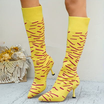 Women'S Plus Size Pointed Toe Stiletto Heel Knee-High Boots - Slip-On Chunky Heel Fabric Upper with Rubber Sole, Vibrant Yellow Fashion Boots for Casual & Formal Outfits, High Heel Boots, Formal Footwear, Pointed Toe Boots, D