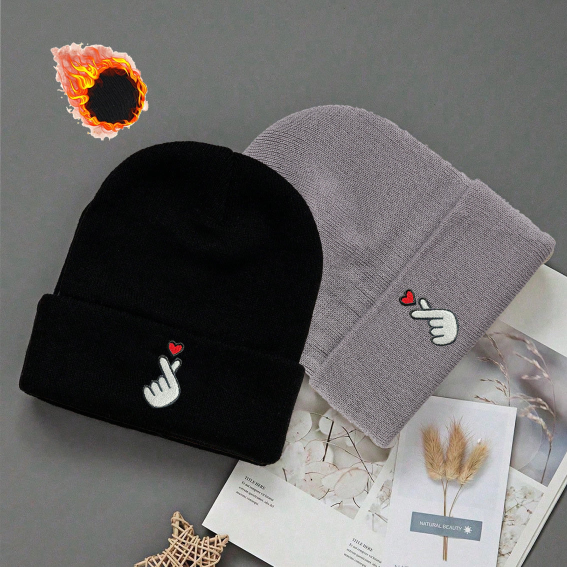 3-Pack White/Grey/Black Beanie Hats with Heart & Thumbs Up Hands Logo - Lightweight Stretch Winter Caps for Men & Women, Unisex Foldable Warm Beanies for Skiing, Outdoor Activities, Parties (Easy-Care, One Size Fits All)
