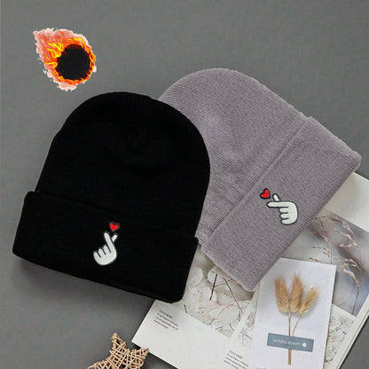 3-Pack White/Grey/Black Beanie Hats with Heart & Thumbs Up Hands Logo - Lightweight Stretch Winter Caps for Men & Women, Unisex Foldable Warm Beanies for Skiing, Outdoor Activities, Parties (Easy-Care, One Size Fits All)