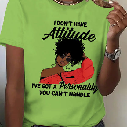 Women's "I Don't Have Attitude" Slogan Graphic T-Shirt - Vibrant Red Short Sleeve Crew Neck Casual Top with Bold Text & Fashion Glasses Design, Machine Washable All-Season Comfort Fit Tee, Fashionforward Look, Durable Fabric