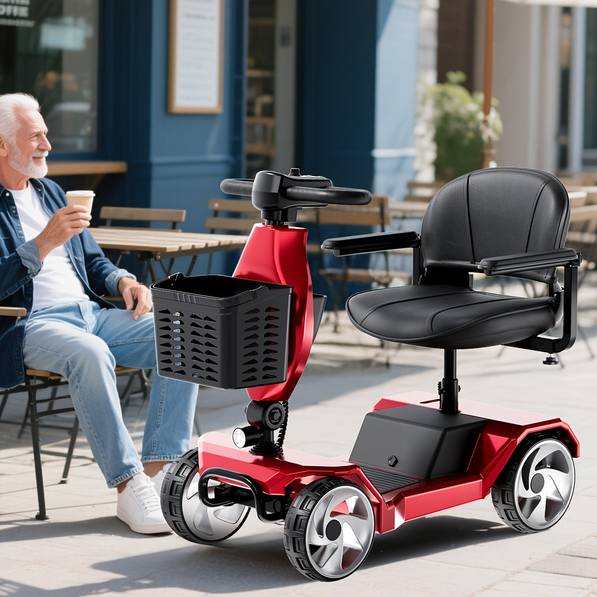 HOMYKING Red Travel-Friendly HOMYKING Foldable 4-Wheel Electric Scooter, 250W Power + Dual Suspension, 15 Miles Range + Front Brake, Detachable Basket + Front Light, For Adults/Elders, 265lbs Capacity