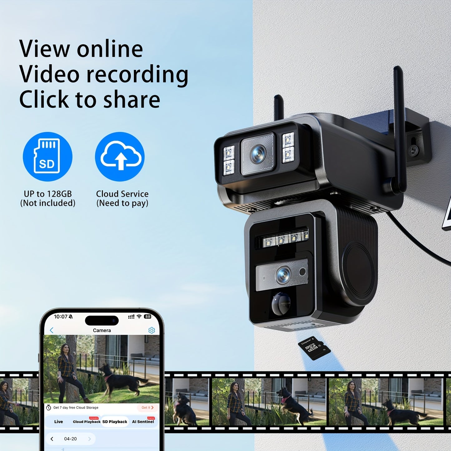 Home Wireless Outdoor Security Camera Icam365 | Solar-Powered, Dual Lens 3MP, Two-Way Audio, Digital Zoom, Motion Detection, IP66 Waterproof, Rechargeable Battery, 2.4G WiFi, Dual-Light Night Vision, PIR Alarm, Black