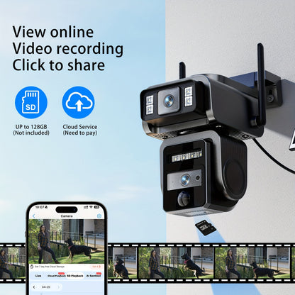 Home Wireless Outdoor Security Camera Icam365 | Solar-Powered, Dual Lens 3MP, Two-Way Audio, Digital Zoom, Motion Detection, IP66 Waterproof, Rechargeable Battery, 2.4G WiFi, Dual-Light Night Vision, PIR Alarm, Black