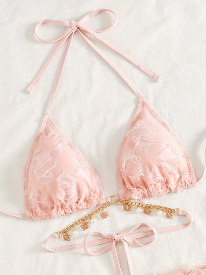 Pink Lace Bikini Three-Piece Set | Tie Halter Design with Pearl Chain, Includes Cover-Up Skirt, Sweet Vacation Beach Swimsuit, High Stretch Fabric