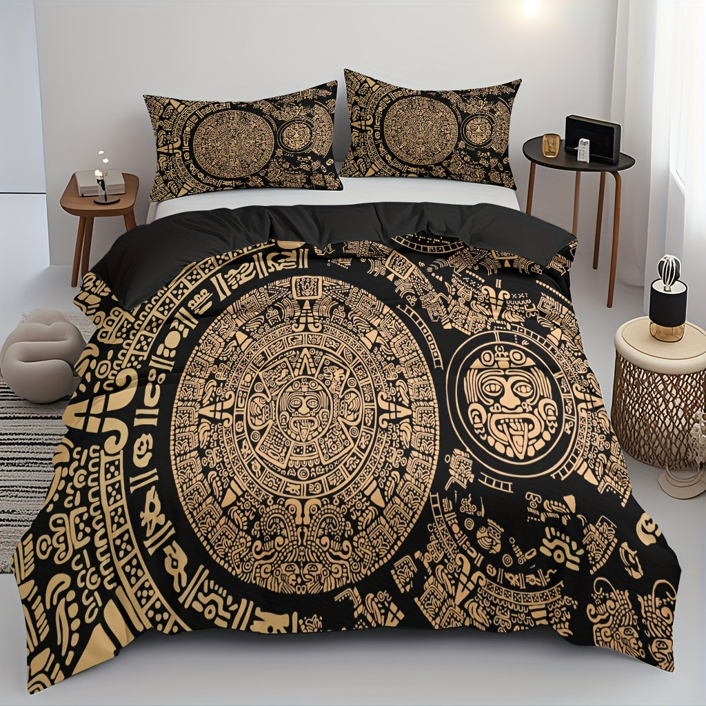 3pcs Comfortable Retro Mayan Civilization Theme Duvet Cover Set, Soft High-Definition Digital Print, Black And Golden Design, All-Season, Family And Friends Gift, Machine Washable (1 Duvet Cover + 2 Pillowcases, No Filling)