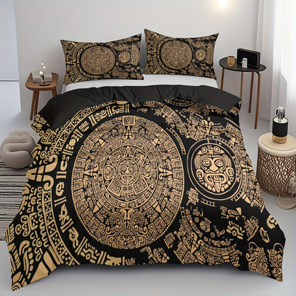 3pcs Comfortable Retro Mayan Civilization Theme Duvet Cover Set, Soft High-Definition Digital Print, Black And Golden Design, All-Season, Family And Friends Gift, Machine Washable (1 Duvet Cover + 2 Pillowcases, No Filling)