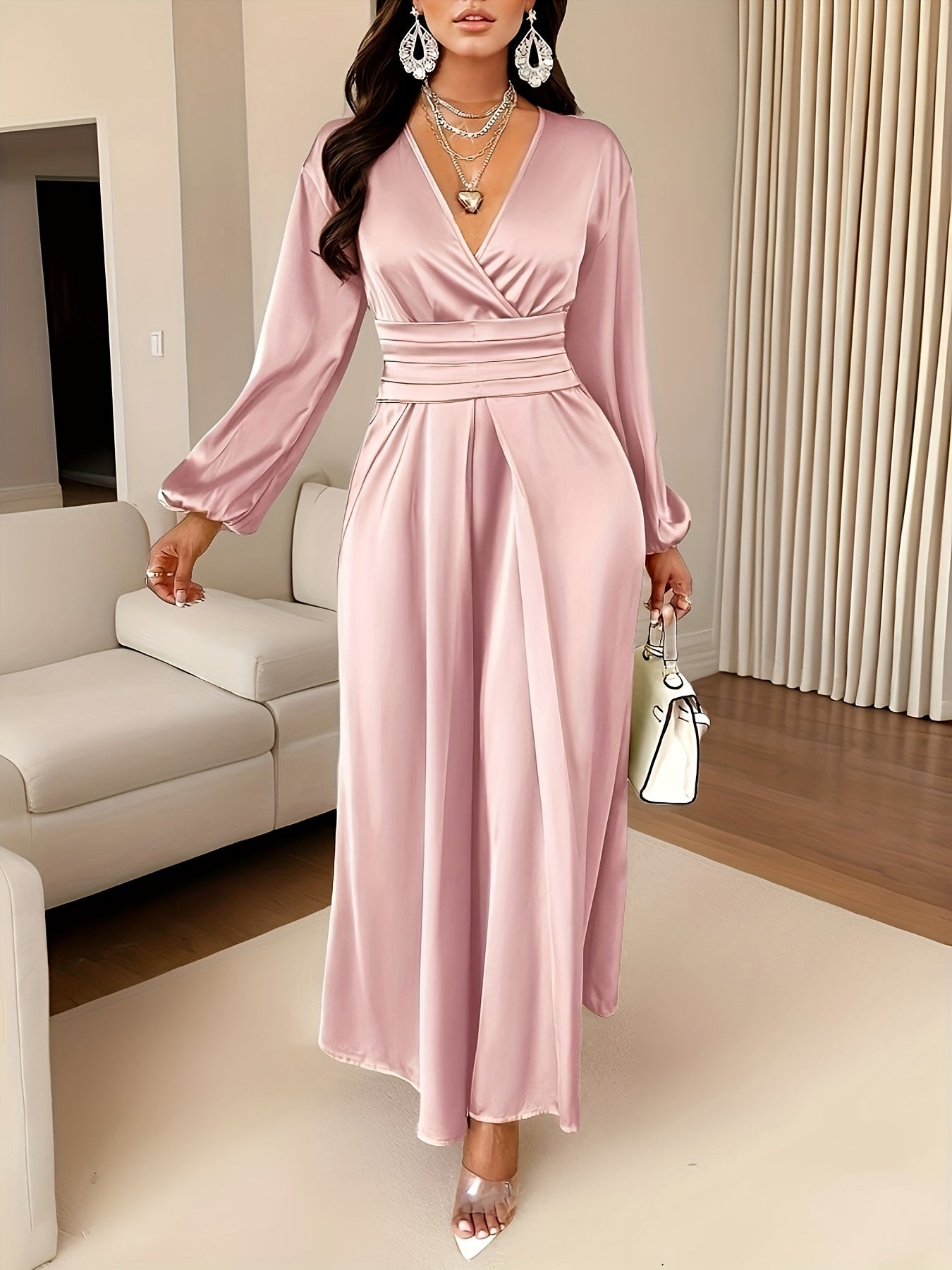 Women's Solid Color Simple Pleated Design Everyday Satin Dress, High-End Fashion Wedding, Engagement, Bridesmaid Dress, Evening Gown