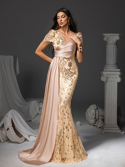 [V-Neck Puff Sleeves] Elegant Champagne Floral Print Mermaid Dress with Sequin Detailing, V-Neck & Puff Sleeves - Long Formal Gown for Weddings, Parties, and Special Occasions, Wedding Guest Dress | Vneck Dress | Sequin Embel