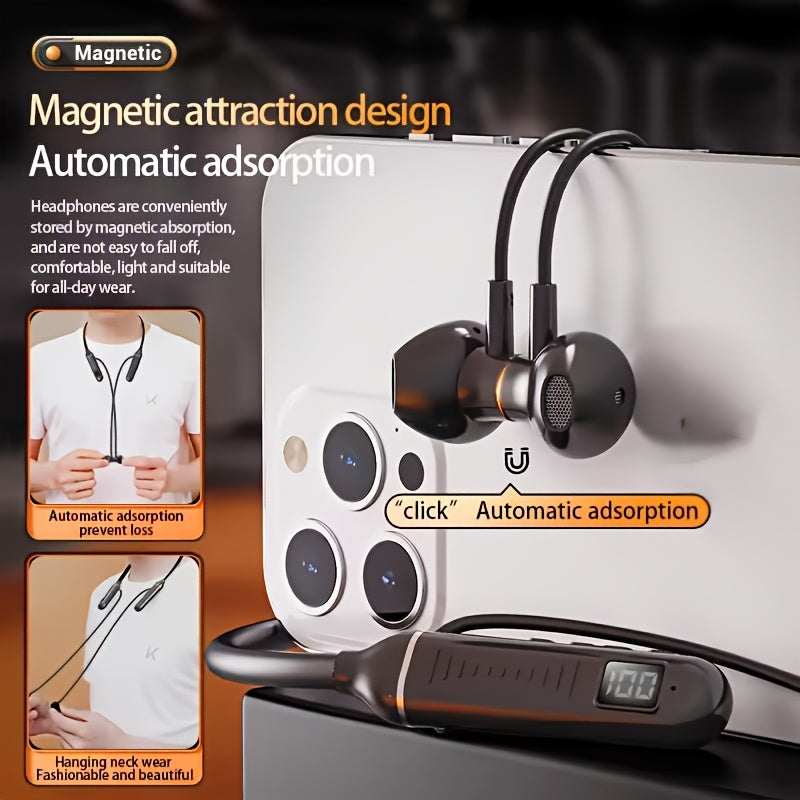 Long Lasting Battery Earbuds All-Day Audio Playback, 5.3 Wireless Neckband Headphones with Digital Charge Display, C Charge, Magnetic Suction Earphones for Sports, Running, Music, Workout, Headset In Ear with Mic Noise Cancel