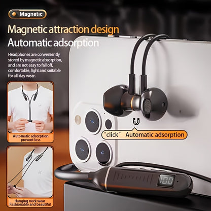 Long Lasting Battery Earbuds All-Day Audio Playback, 5.3 Wireless Neckband Headphones with Digital Charge Display, C Charge, Magnetic Suction Earphones for Sports, Running, Music, Workout, Headset In Ear with Mic Noise Cancel
